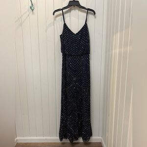 Adrianna Papell Midnight Blue Beaded Maxi Dress Art Deco